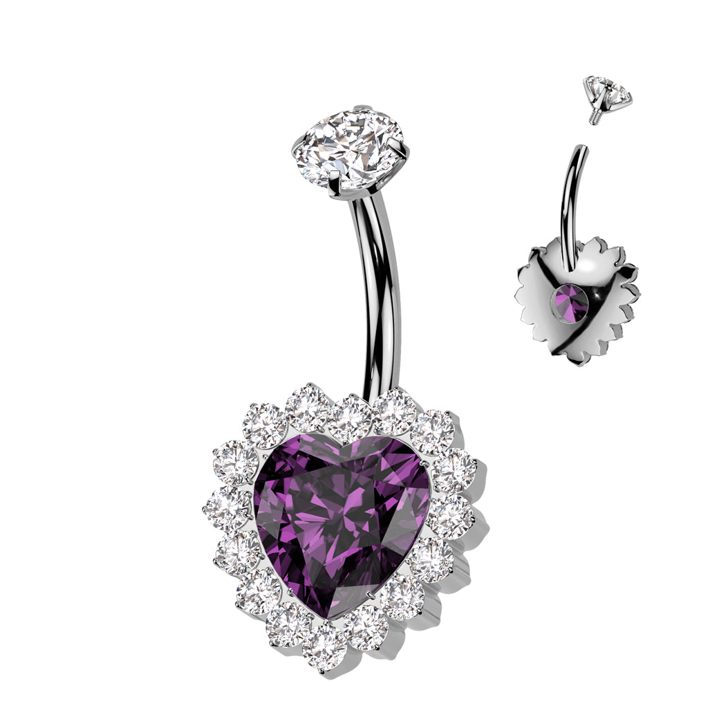Titanium Internally Threaded CZ Heart Belly Button Ring With CNC CZ Pave Edge