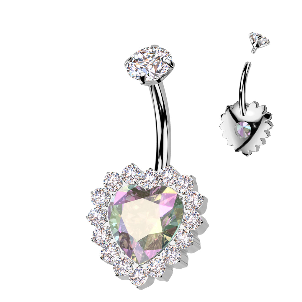 Titanium Internally Threaded CZ Heart Belly Button Ring With CNC CZ Pave Edge
