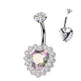 Titanium Internally Threaded CZ Heart Belly Button Ring With CNC CZ Pave Edge