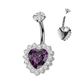 Titanium Internally Threaded CZ Heart Belly Button Ring With CNC CZ Pave Edge