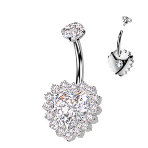 Titanium Internally Threaded CZ Heart Belly Button Ring With CNC CZ Pave Edge