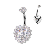 Titanium Internally Threaded CZ Heart Belly Button Ring With CNC CZ Pave Edge