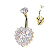 Titanium Internally Threaded CZ Heart Belly Button Ring With CNC CZ Pave Edge