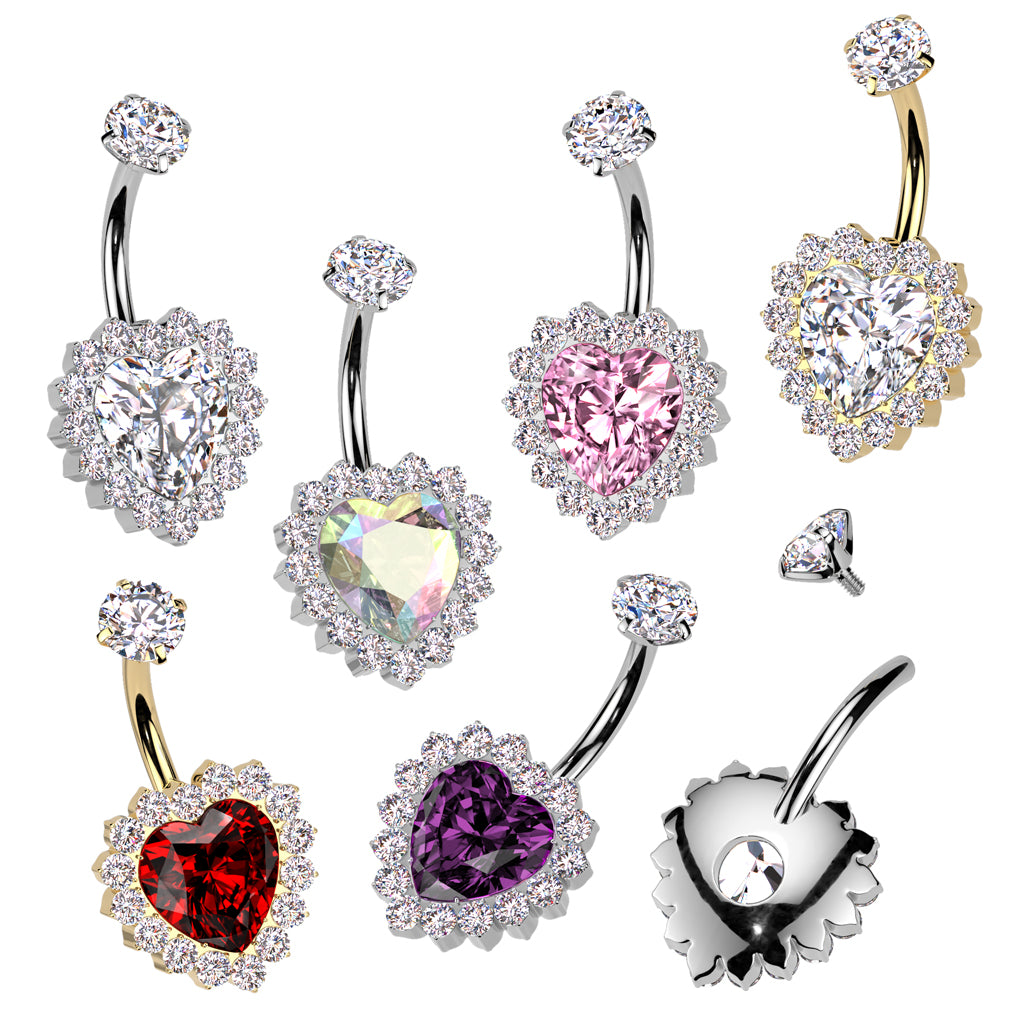Titanium Internally Threaded CZ Heart Belly Button Ring With CNC CZ Pave Edge