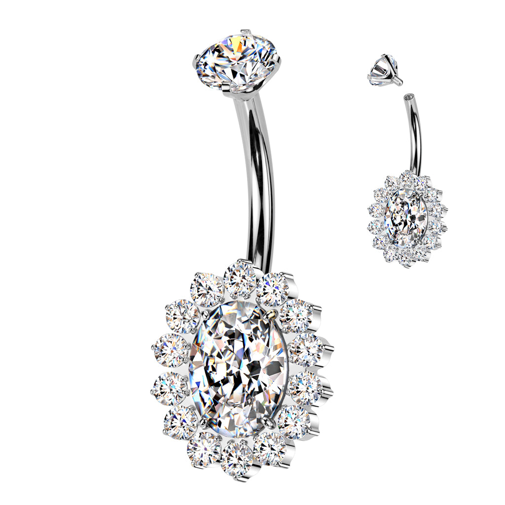 CZ Oval Belly Button Ring With CNC CZ Pave Edge