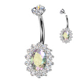 CZ Oval Belly Button Ring With CNC CZ Pave Edge