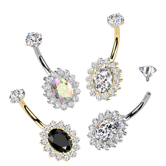 CZ Oval Belly Button Ring With CNC CZ Pave Edge