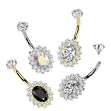 CZ Oval Belly Button Ring With CNC CZ Pave Edge