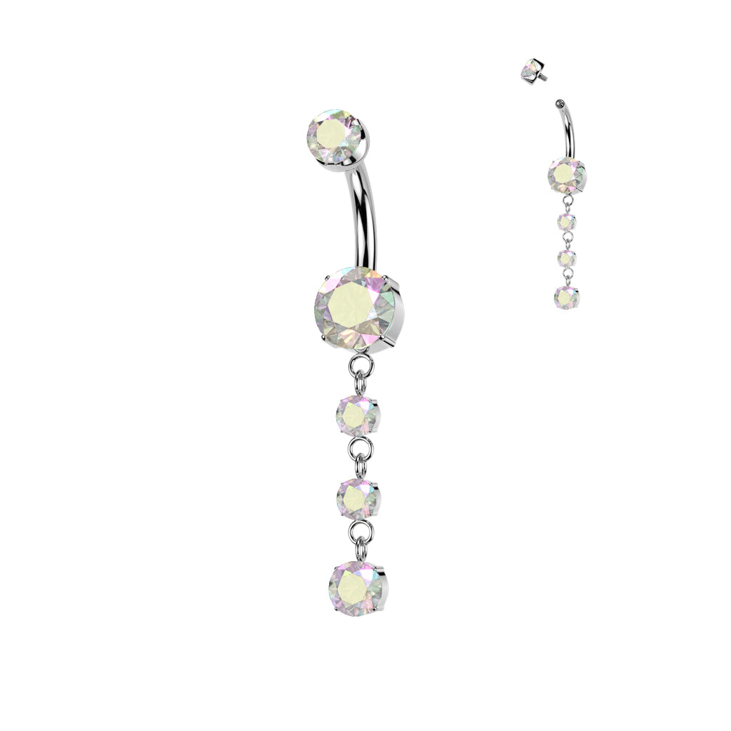 Double Prong Set CZ Belly Button Ring With 3 Round Prong Set CZ Dangle