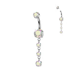 Double Prong Set CZ Belly Button Ring With 3 Round Prong Set CZ Dangle