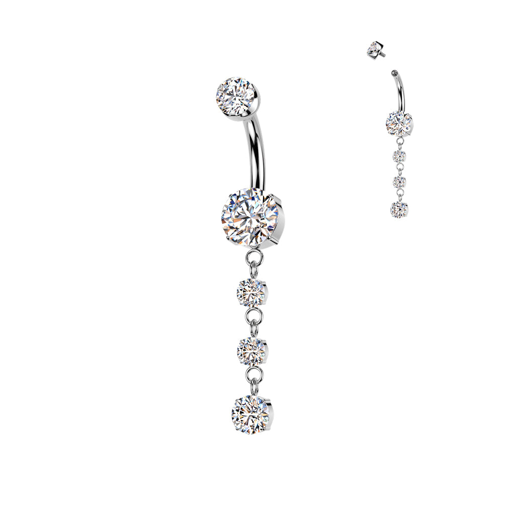 Double Prong Set CZ Belly Button Ring With 3 Round Prong Set CZ Dangle