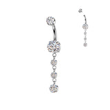 Double Prong Set CZ Belly Button Ring With 3 Round Prong Set CZ Dangle