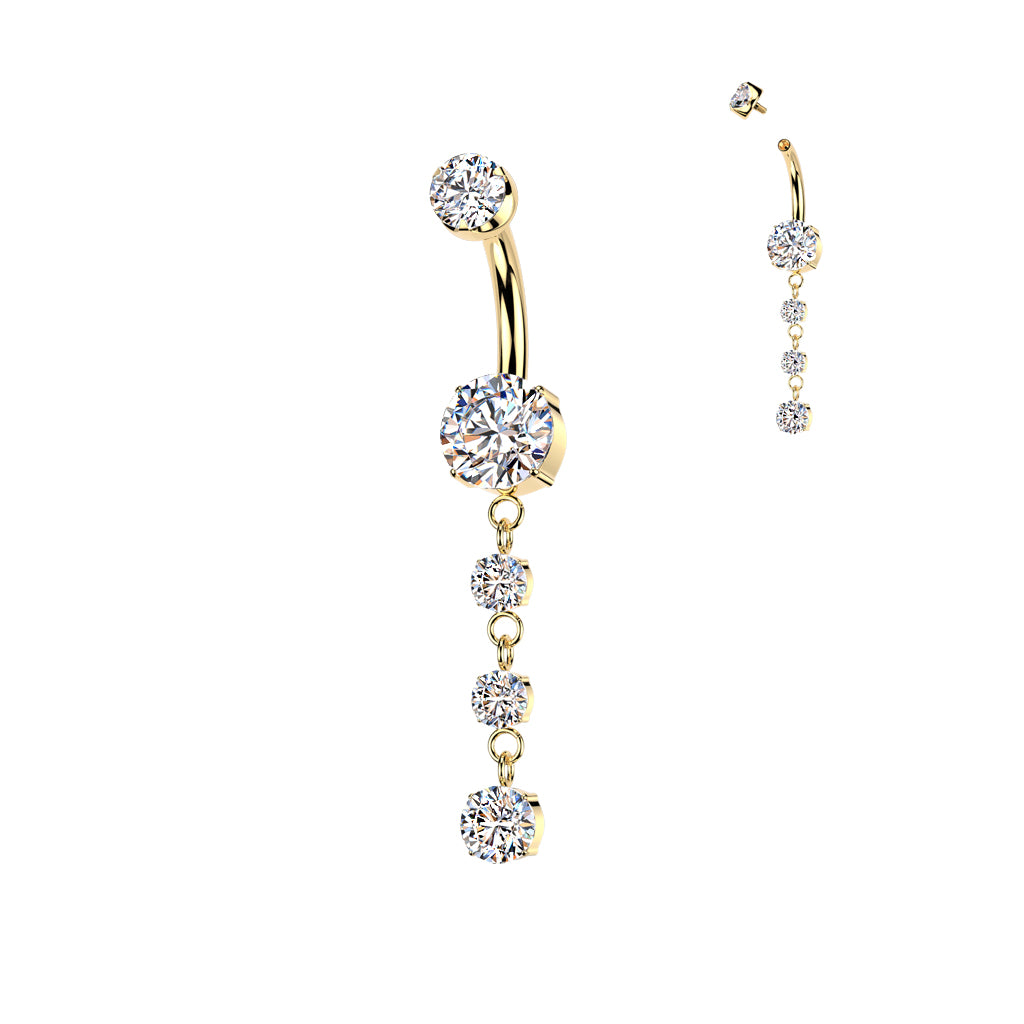 Double Prong Set CZ Belly Button Ring With 3 Round Prong Set CZ Dangle