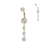 Double Prong Set CZ Belly Button Ring With 3 Round Prong Set CZ Dangle