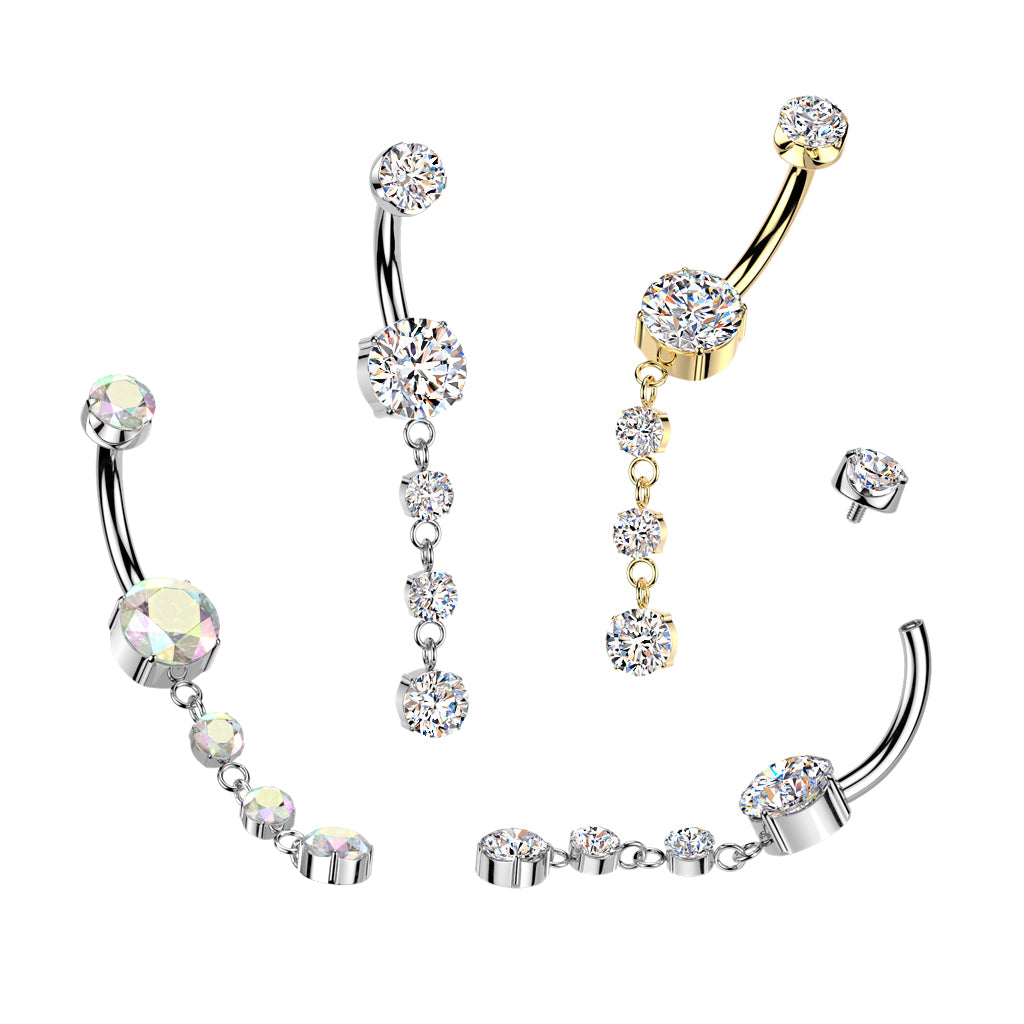 Double Prong Set CZ Belly Button Ring With 3 Round Prong Set CZ Dangle