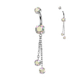 Prong Set CZ Belly Button Ring With Double Round Prong Set CZ Chain