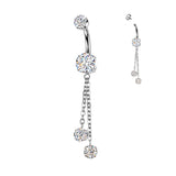 Prong Set CZ Belly Button Ring With Double Round Prong Set CZ Chain