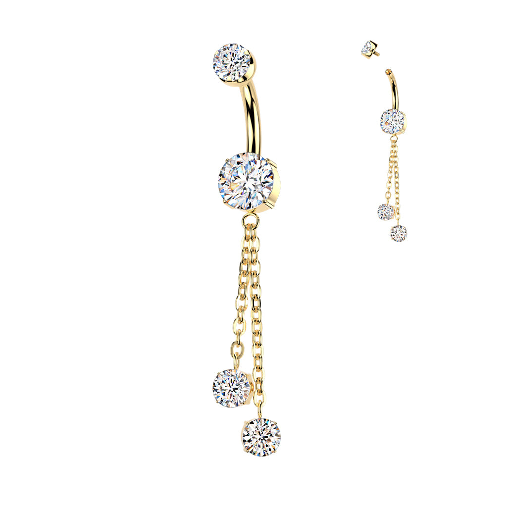 Prong Set CZ Belly Button Ring With Double Round Prong Set CZ Chain
