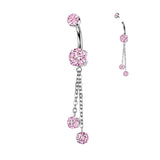 Prong Set CZ Belly Button Ring With Double Round Prong Set CZ Chain