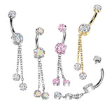 Prong Set CZ Belly Button Ring With Double Round Prong Set CZ Chain