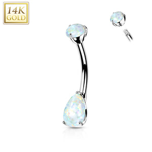 14K Gold Prong Set Round Top and Teardrop Opal or CZ Belly Button Navel Rings