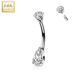 14K Gold Prong Set Round Top and Teardrop Opal or CZ Belly Button Navel Rings