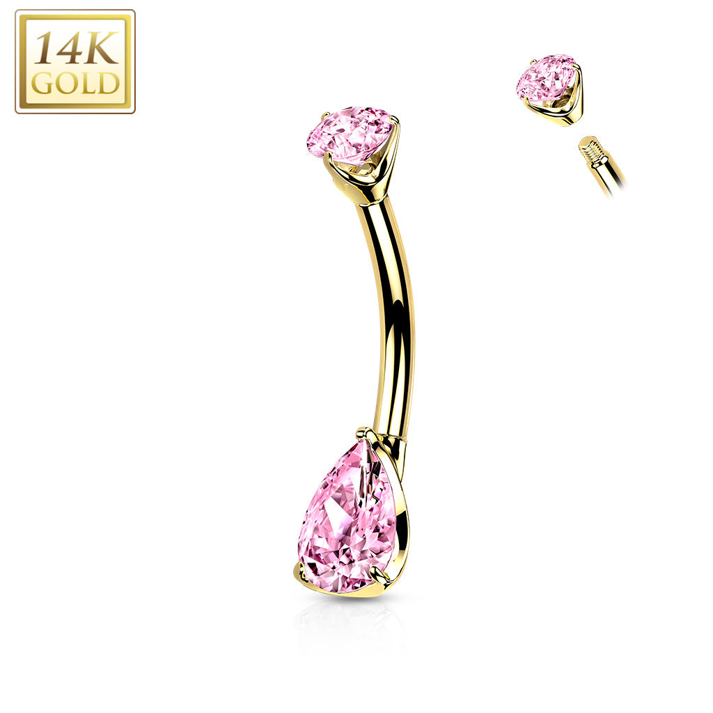 14K Gold Prong Set Round Top and Teardrop Opal or CZ Belly Button Navel Rings
