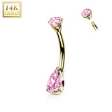 14K Gold Prong Set Round Top and Teardrop Opal or CZ Belly Button Navel Rings