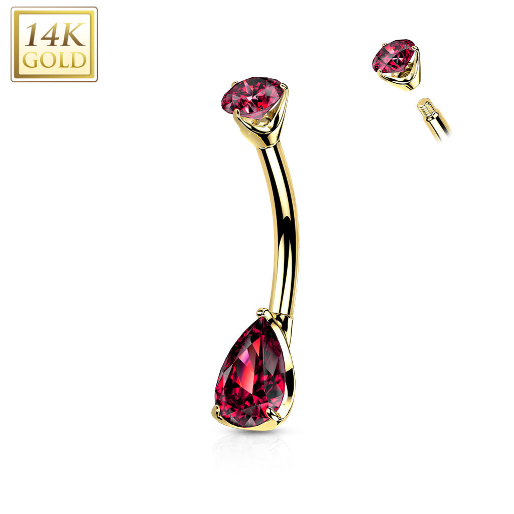 14K Gold Prong Set Round Top and Teardrop Opal or CZ Belly Button Navel Rings