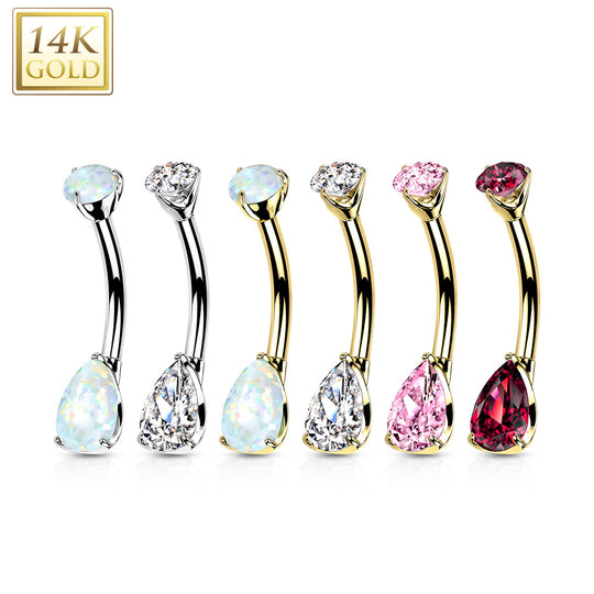 14K Gold Prong Set Round Top and Teardrop Opal or CZ Belly Button Navel Rings