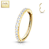 14Kt Side CZ Paved Half Circle Hinged Hoop Rings