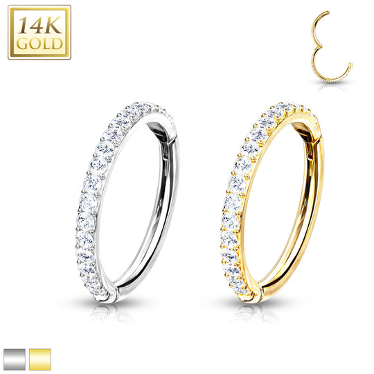 14Kt Side CZ Paved Half Circle Hinged Hoop Rings