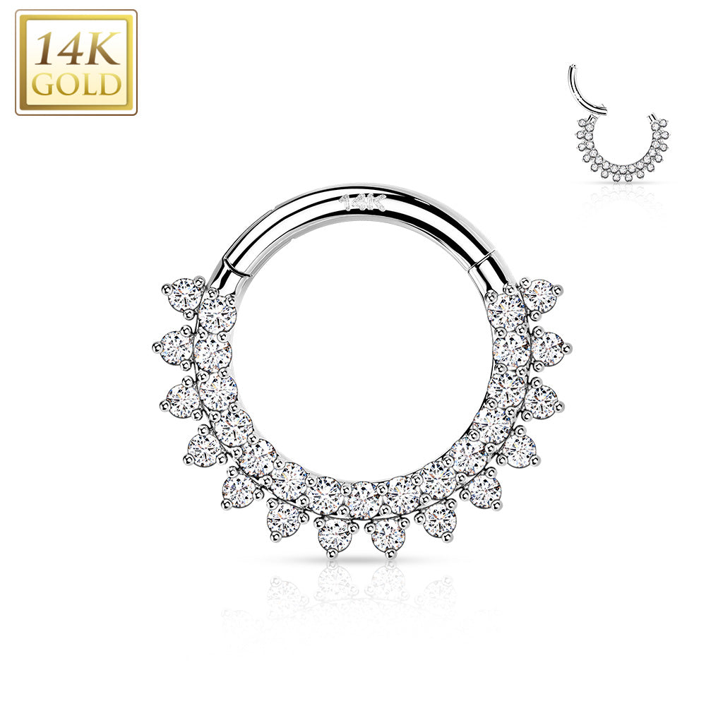 14K Gold Hinged Segment Hoop Forward facing double cz