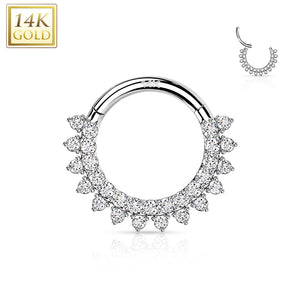 14K Gold Hinged Segment Hoop Forward facing double cz