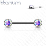 Implant Grade Titanium Threadless Push In Nipple Barbell with CZ Bezel Set Front Facing
