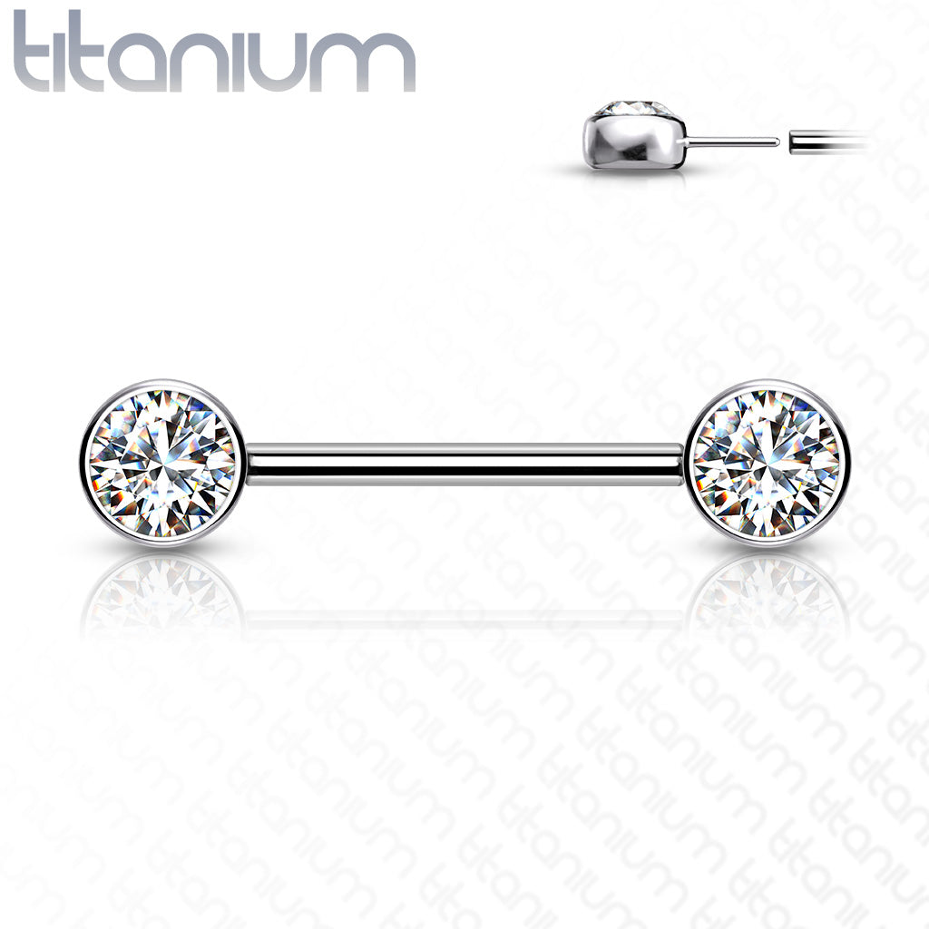 Implant Grade Titanium Threadless Push In Nipple Barbell with CZ Bezel Set Front Facing
