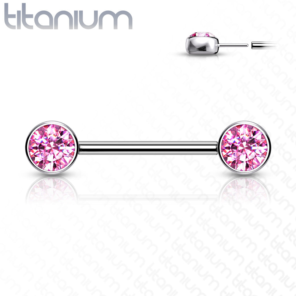 Implant Grade Titanium Threadless Push In Nipple Barbell with CZ Bezel Set Front Facing