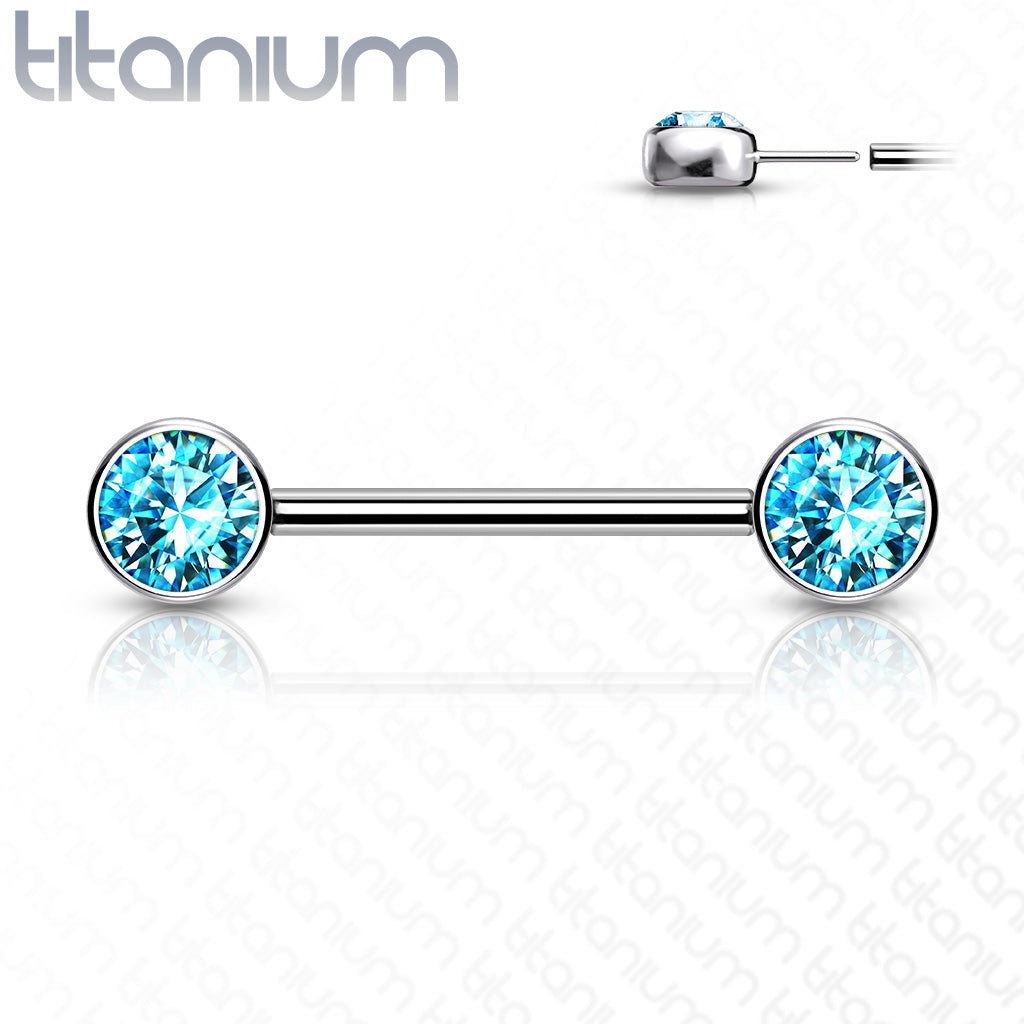 Implant Grade Titanium Threadless Push In Nipple Barbell with CZ Bezel Set Front Facing