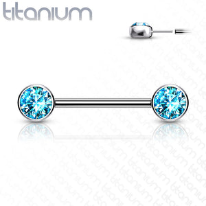 Implant Grade Titanium Threadless Push In Nipple Barbell with CZ Bezel Set Front Facing