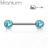Implant Grade Titanium Threadless Push In Nipple Barbell with CZ Bezel Set Front Facing