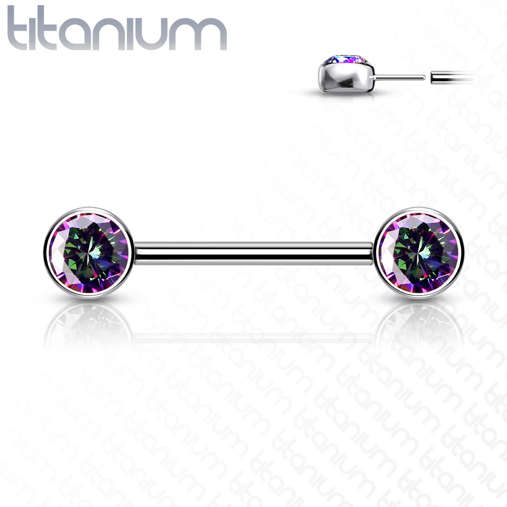 Implant Grade Titanium Threadless Push In Nipple Barbell with CZ Bezel Set Front Facing