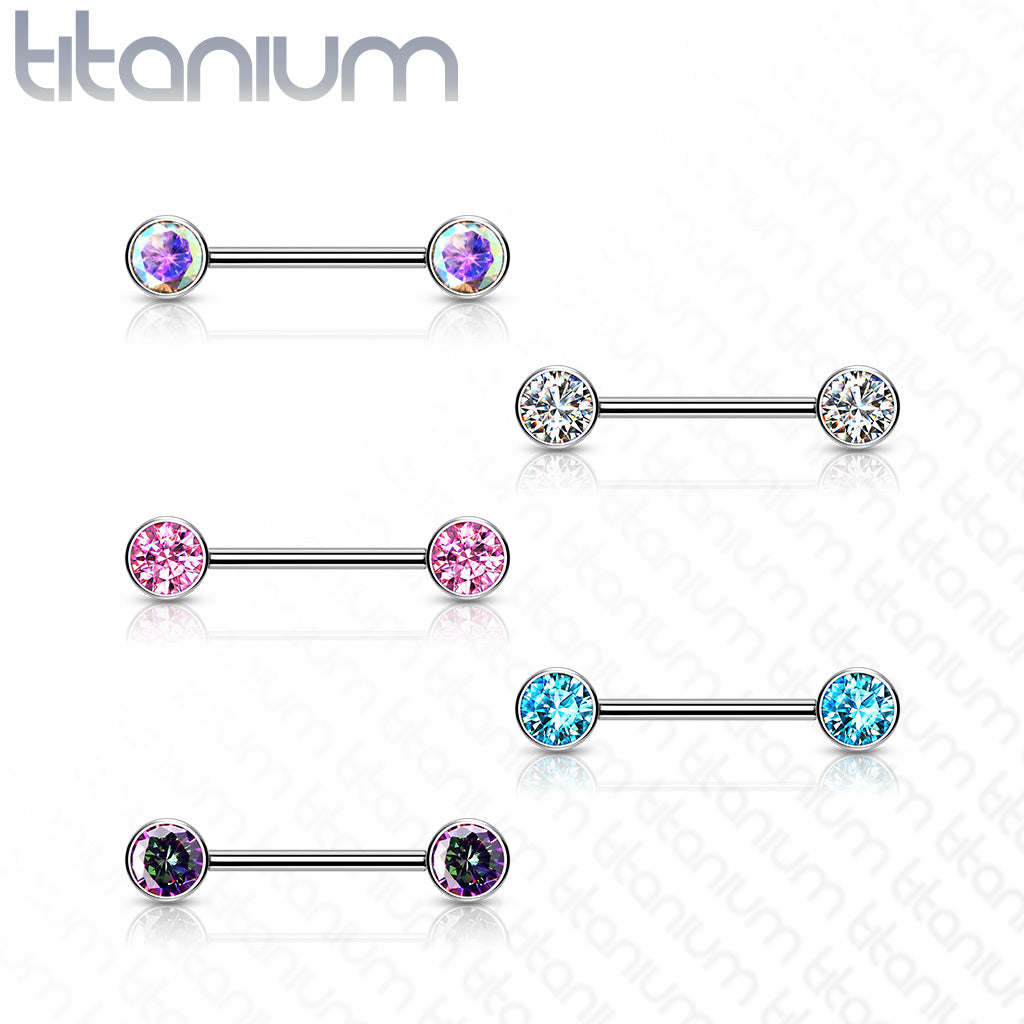 Implant Grade Titanium Threadless Push In Nipple Barbell with CZ Bezel Set Front Facing