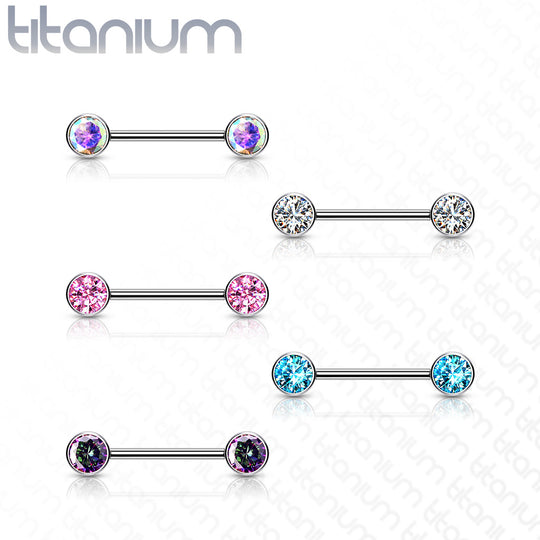 Implant Grade Titanium Threadless Push In Nipple Barbell with CZ Bezel Set Front Facing