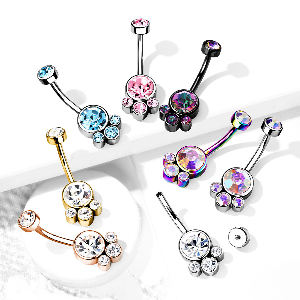 Round Cluster Crystal Stone Set with Internally Threaded Top 316L Surgical Steel Belly Rings