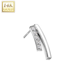 14K Gold Threadless Push In Double Curved Bar/CZ Top