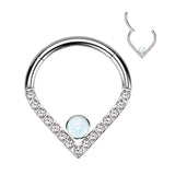 Hinged Segment Hoop Ring With Pave CZ Single Line Chevron and CZ or Opal Center