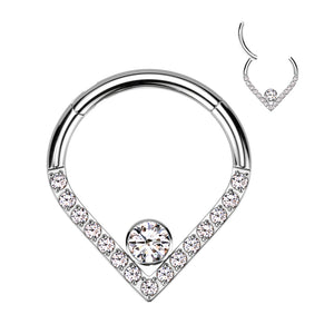 Hinged Segment Hoop Ring With Pave CZ Single Line Chevron and CZ or Opal Center
