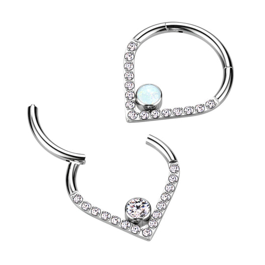 Hinged Segment Hoop Ring With Pave CZ Single Line Chevron and CZ or Opal Center