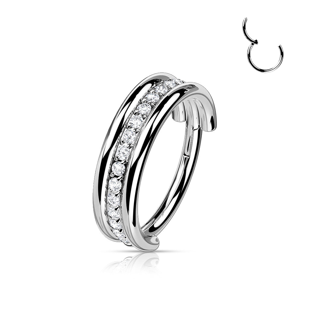 Hinged Segment Hoop Ring With Outward Facing Triple Stacked CZ Center Line