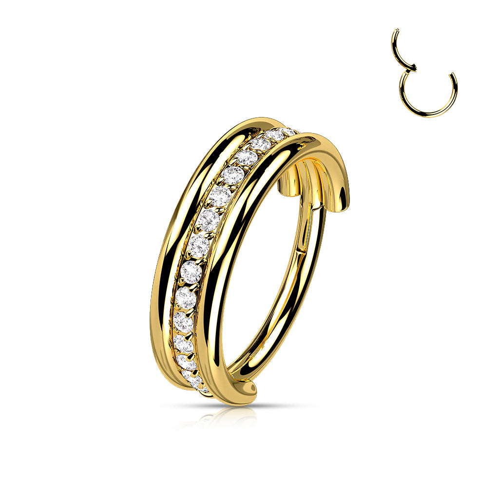 Hinged Segment Hoop Ring With Outward Facing Triple Stacked CZ Center Line
